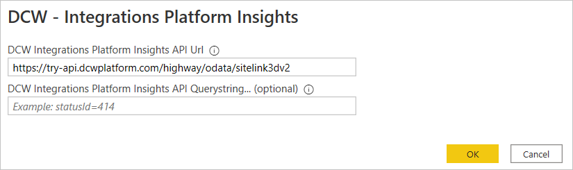 Image with DCW Integrations Platform Insights dialog box with an API URL entered.