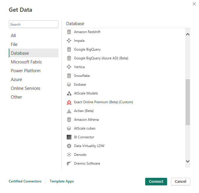 [データベース] セクションの下に Exact Online Premium コネクタが表示されている [データの取得] 画面。