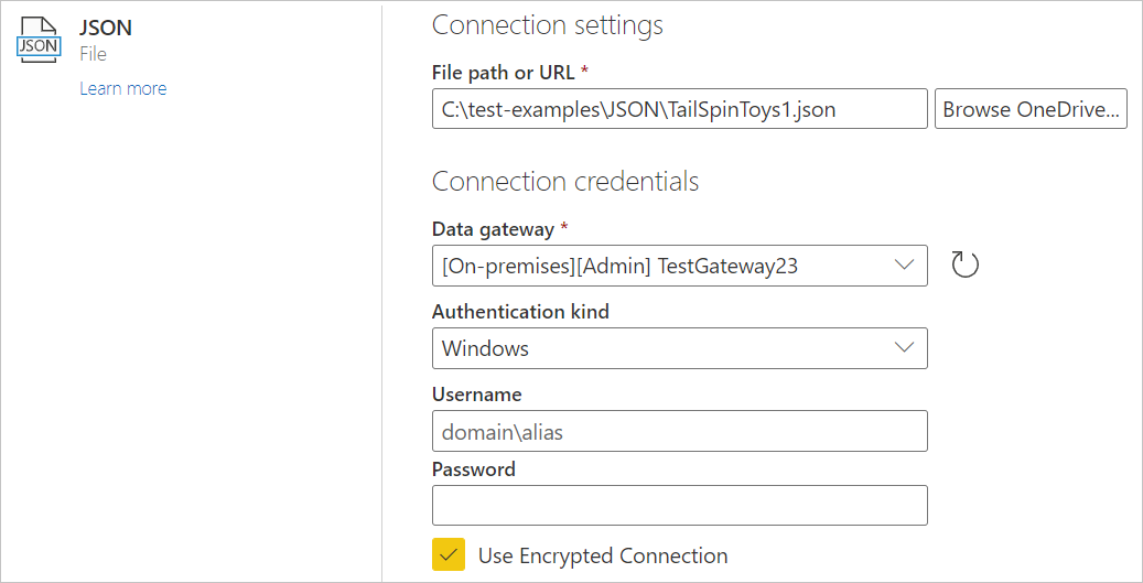 オンライン サービスからの [JSON 接続設定] ダイアログの画像。ファイル パス、データ ゲートウェイ、および Windows 認証の種類が表示されています。
