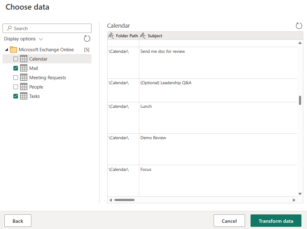 Screenshot of the choose data page with the calendar, mail, and tasks tables selected.