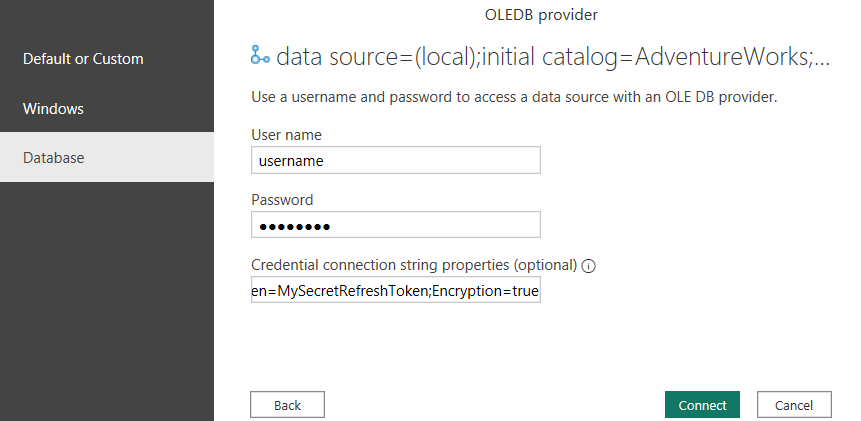 Screenshot of the OLE DB dialog, showing username, password, and optional connection string properties entered.