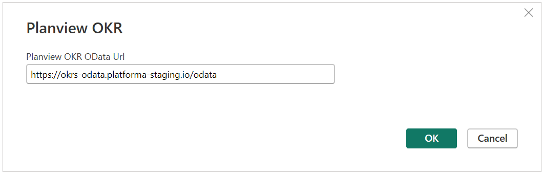 Planview OKR URL の場所が入力され、[OK] を選択する準備ができているスクリーンショット。