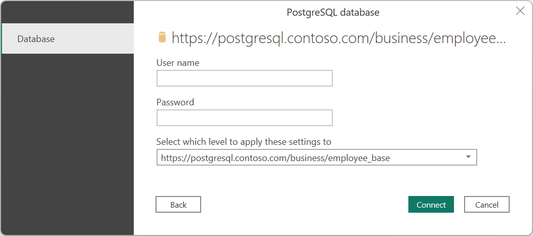 PostgreSQL のユーザー名とパスワードを入力します。