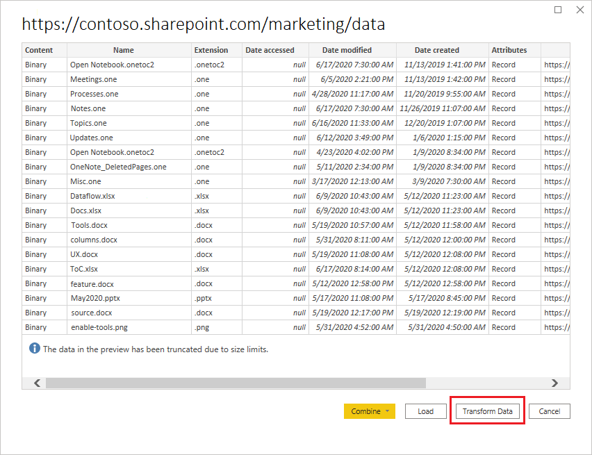SharePoint フォルダーのファイルの一覧。