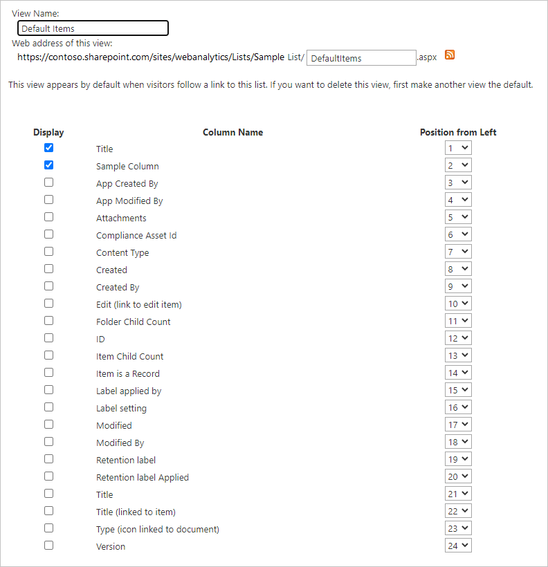 SharePoint Online リスト内の特定のビューに対するビュー設定の例を示す画面。