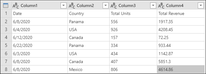 Sample table with the column headers in the first row, then seven rows of data.
