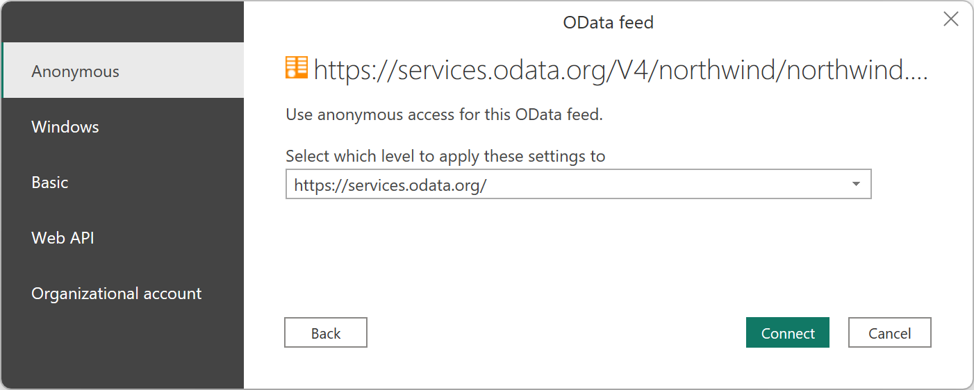 Power Query Desktop に表示された [OData フィード] の認証ダイアログを示すスクリーンショット。