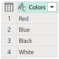 4 種類の色を含むサンプル Colors テーブルのスクリーンショット。