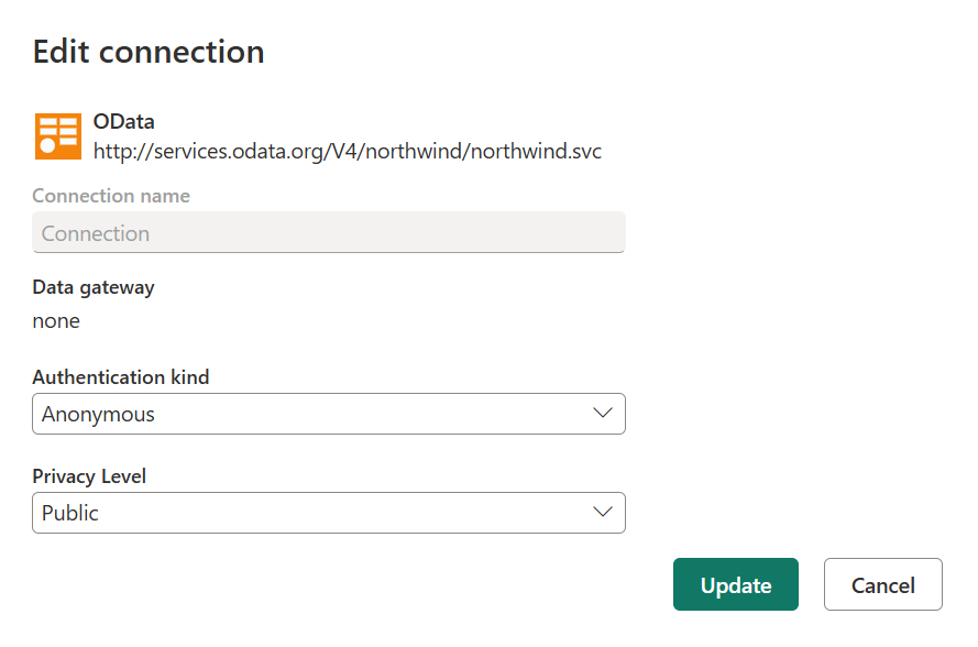 選択した OData 接続のグローバル編集接続ダイアログのスクリーンショット。