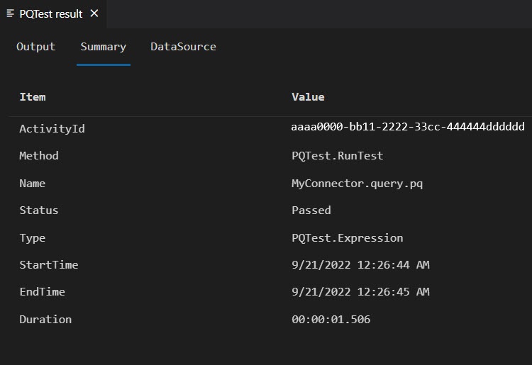 結果パネルの [概要] タブ。