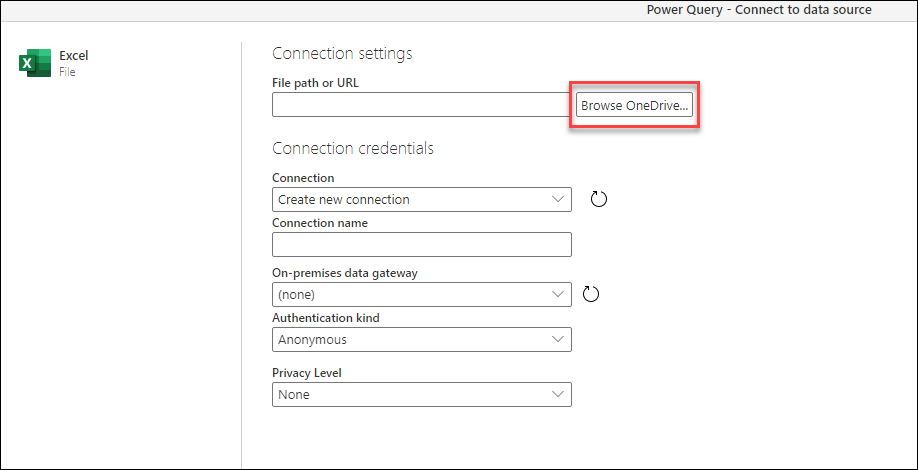 Excel コネクタ用の [接続の設定] ウィンドウ内の [OneDrive の参照...] ボタン。