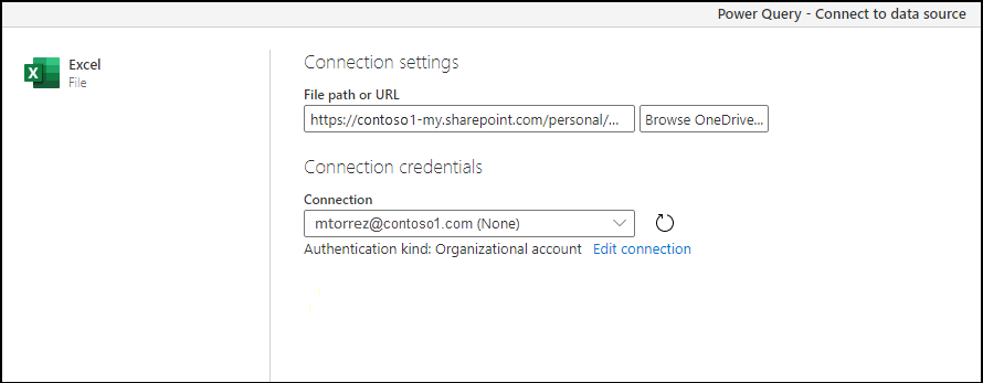 OneDrive for Business でホストされている選択されたファイルへの URL を含む [接続の設定] ウィンドウ。