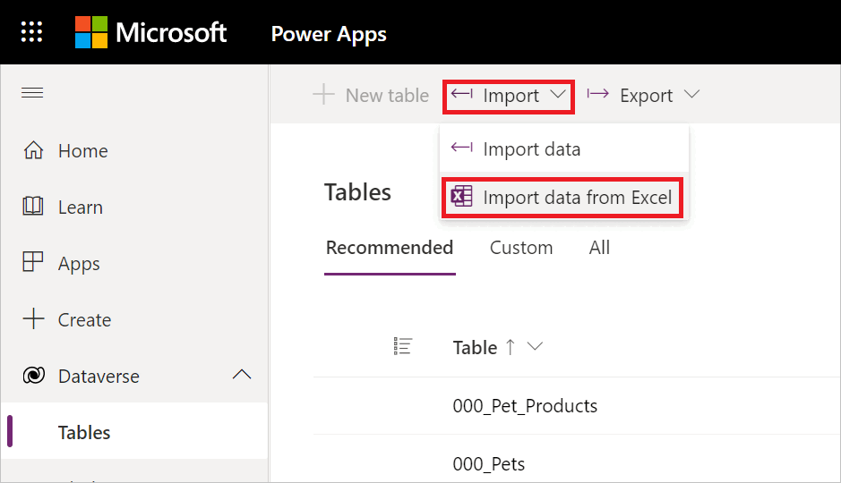 Dataverse テーブルが開き、インポート コンテキスト メニューが開き、Excel からのデータのインポート オプションが強調された画像。
