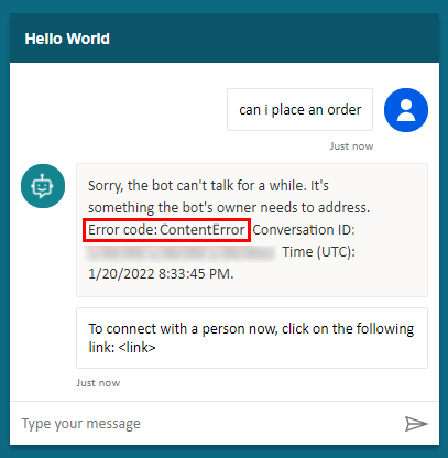 ユーザーに表示されるボット エラー メッセージ。
