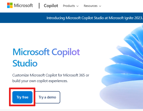 Microsoft Copilot Studio 紹介 Web サイトの無料で試すボタンの場所のスクリーンショット。