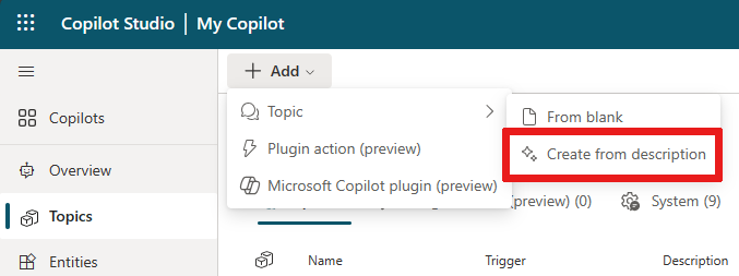 [トピック] と[新規トピック] ボタンが強調表示された Microsoft Copilot Studio ナビゲーション ウィンドウのスクリーンショット。