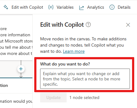 トピックへの変更または追加の説明を追加できる 「何をしますか?」 ボックスを表示している Copilot Studio 作成ウィンドウのスクリーンショット。