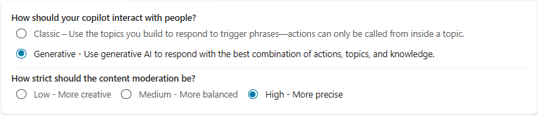 生成 AI 設定のスクリーンショット。
