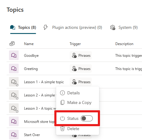 Location of the sample topic toggle where you can enable or disable a sample topic.