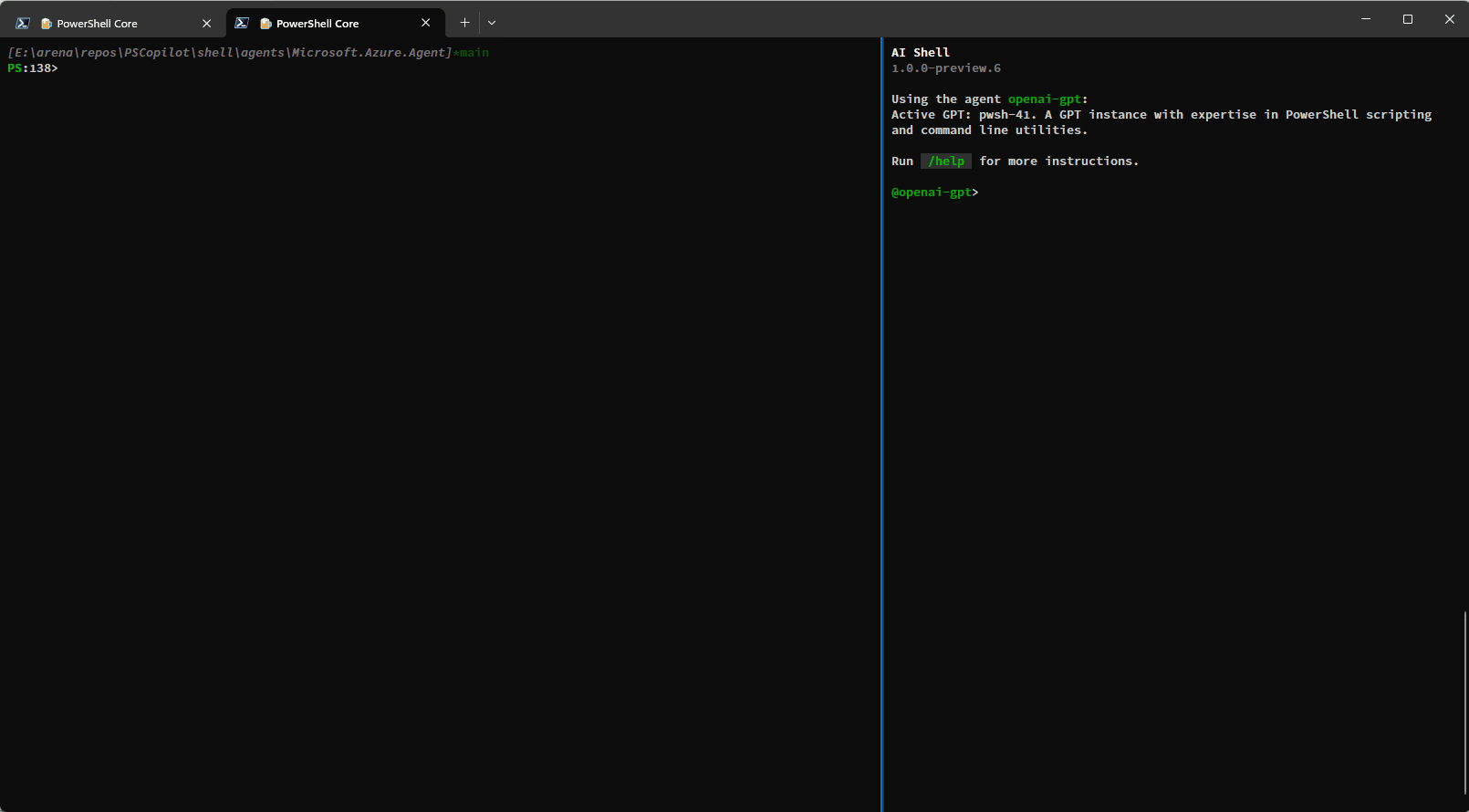 AI Shell の起動前に作成された出力のコンテンツをターミナルから取得します。