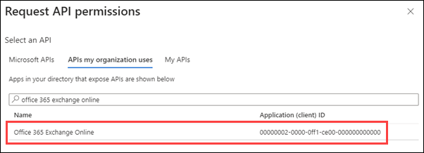 [organizationで使用する API] タブで [Office 365 Exchange Online] を見つけて選択します。