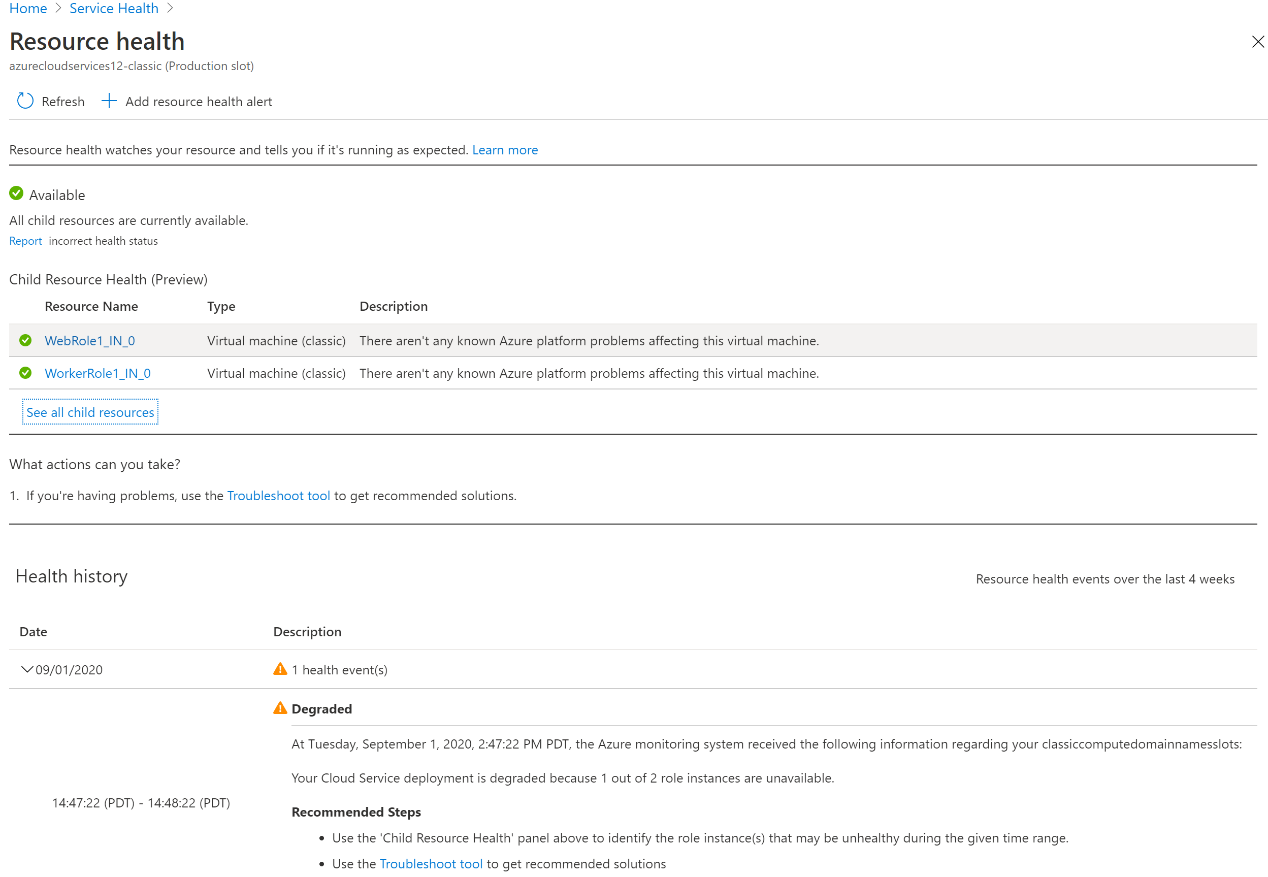 Azure portal の [リソース正常性チェック] ブレードを示す画像。
