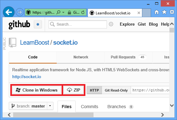 ZIP ダウンロード アイコンが強調表示されている状態の https://github.com/LearnBoost/socket.io/tree/master/examples/chat を示すブラウザー ウィンドウ