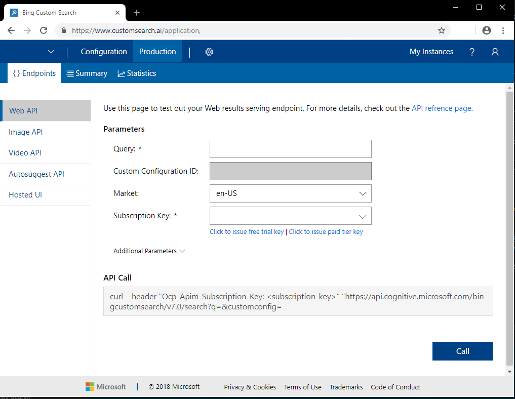 Bing Custom Search ポータルのスクリーンショット