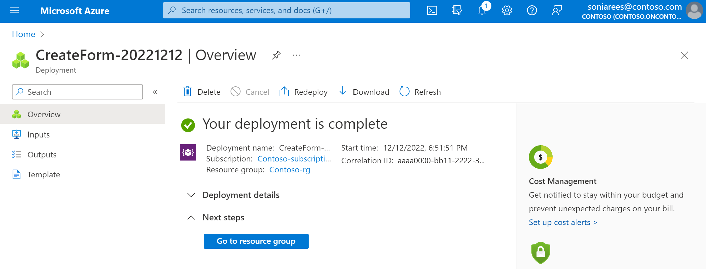 完了したデプロイ画面を示す Azure Communications Gateway ポータルのスクリーンショット。