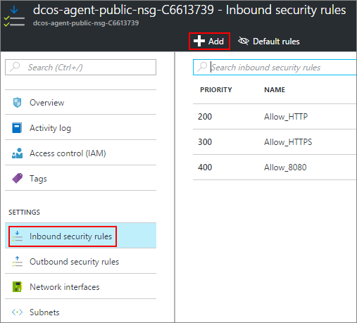 Azure container service network security group rules