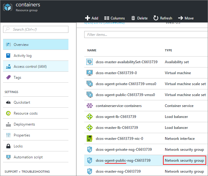 Azure container service network security group