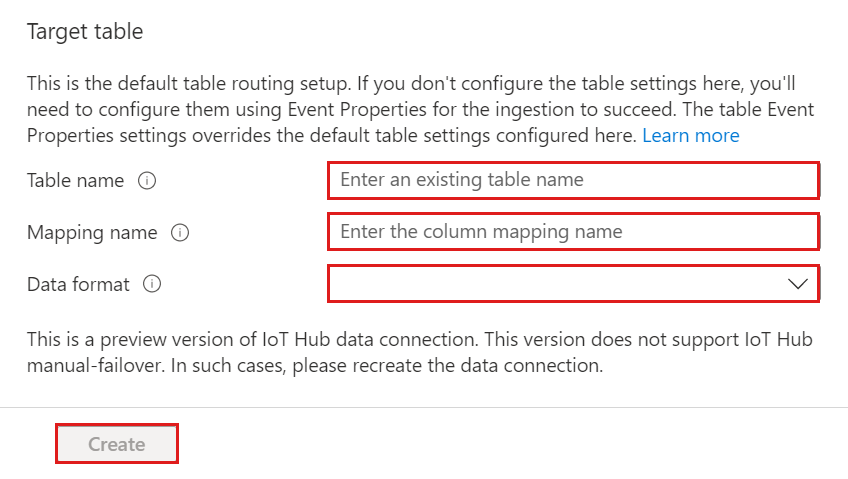 [ターゲット テーブル] フォームの既定のルーティング設定を示す Azure Data Explorer Web UI のスクリーンショット。