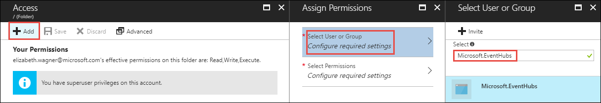 [追加] オプション、[ユーザーまたはグループの選択] オプション、Microsoft Eventhubs オプションが強調表示されている [アクセス] ページのスクリーンショット。