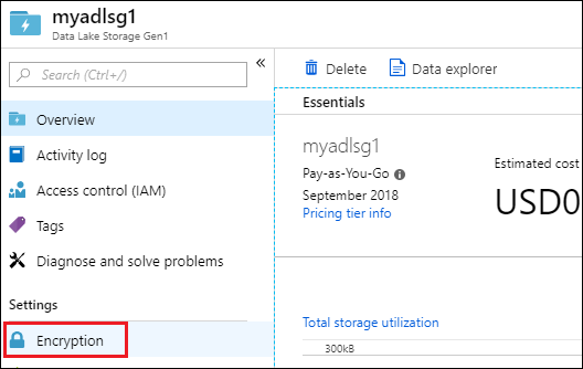 Data Lake Storage Gen1 アカウント ウィンドウのスクリーンショット ([暗号化] を強調表示)