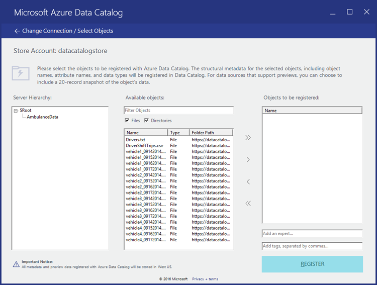 [Microsoft Azure Data Catalog] の [ストアのアカウント] ダイアログボックスのスクリーンショット。