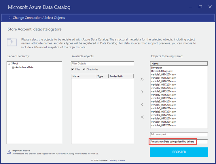 [Microsoft Azure Data Catalog] の [ストアのアカウント] ダイアログボックスのスクリーンショット。呼び出されているデータにタグが追加されています。