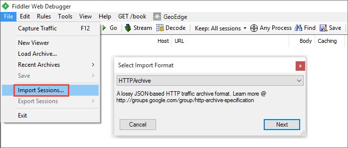 Importing the HTTP archive into Fiddler