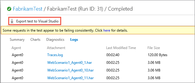Exporting the test to Visual Studio