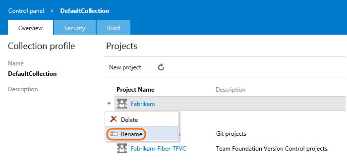 Rename menu item in the team project context menu on the project collection administration page