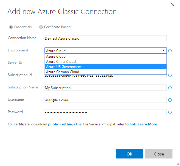 Adding an Azure Classic connection