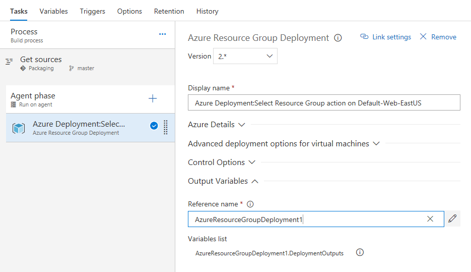 Azure Resource Group task exposes deployment outputs