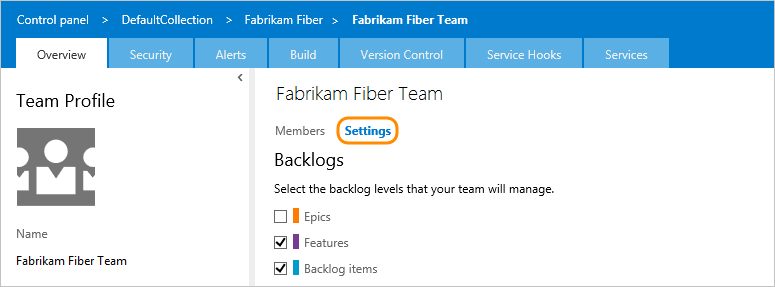 TFS 2015.1 or later, web portal, team settings dialog, Backlogs tab