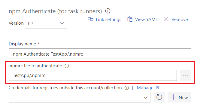 Screenshot showing how to add your .npmrc file to the npm authenticate task