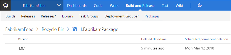 Screenshot that shows the package in the Recycle Bin in Team Foundation Server.