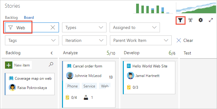 Kanban board, Filter using keyword search, earlier versions.