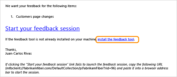 Install the feedback tool link on the Feedback Request email