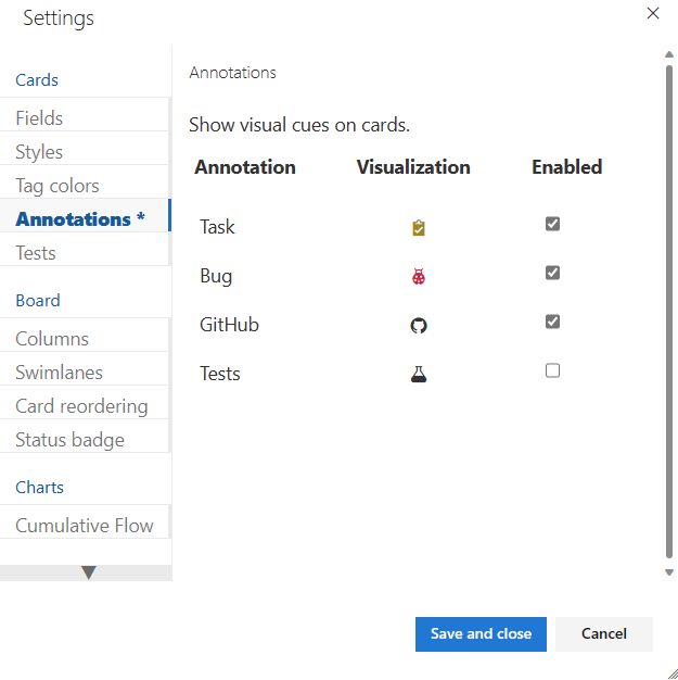 Screenshot showing Kanban board, Settings dialog, Annotations tab.