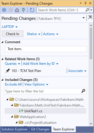 Screenshot of the Pending Changes page in Team Explorer.