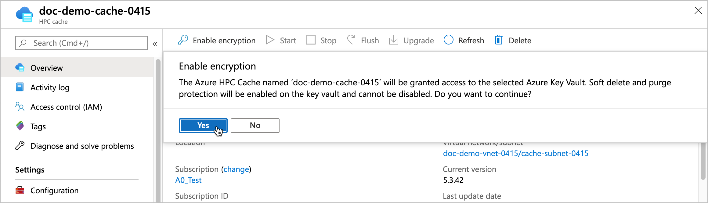 ポータルのキャッシュの概要ページのスクリーンショット。上部にバナー メッセージが表示され、[はい] をクリックして暗号化を有効にするようユーザーに求められます。