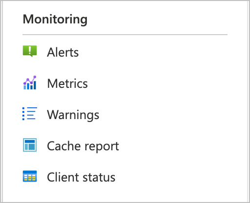 HPC Cache 用の Azure portal インターフェイスの左側にある [監視] メニューのスクリーンショット。